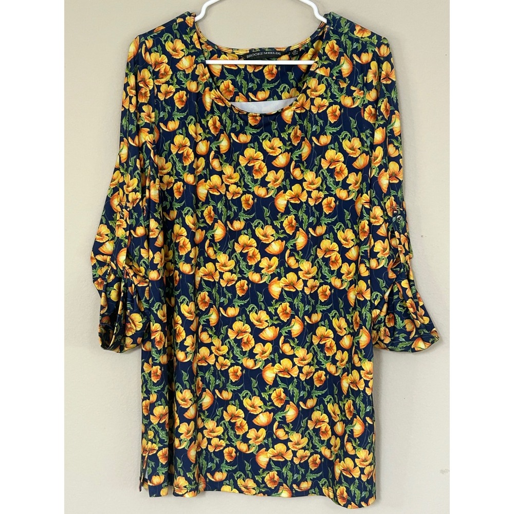 Brooke Shields Timeless Navy Yellow Poppy Floral Tunic Top 3/4 Sleeve 1X